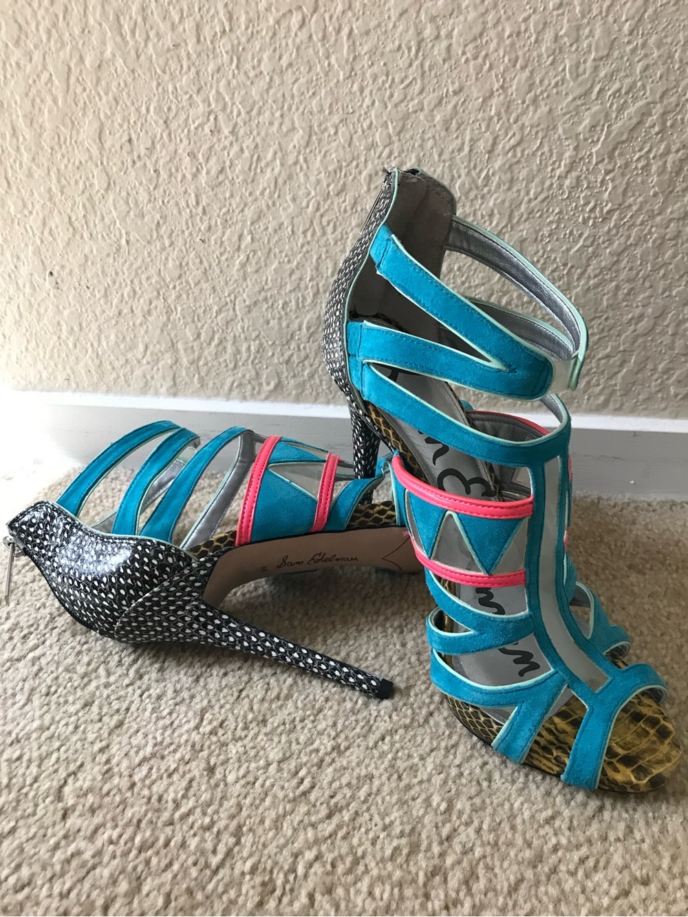 Sam Edelman Turquoise & Pink Strappy High-Heel Sandals
